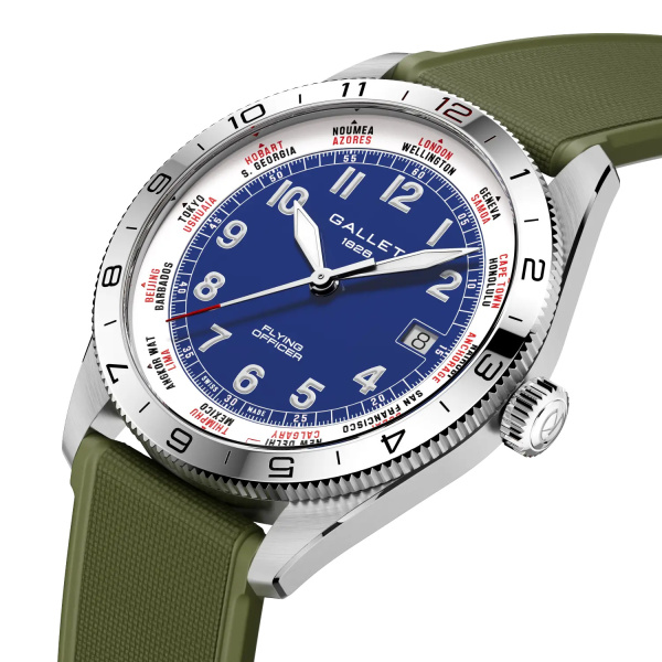 Montre Gallet Flying Officer Automatic 40 mm Cadran Bleu Bracelet Caoutchouc Vert