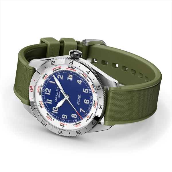 Montre Gallet Flying Officer Automatic 40 mm Cadran Bleu Bracelet Caoutchouc Vert
