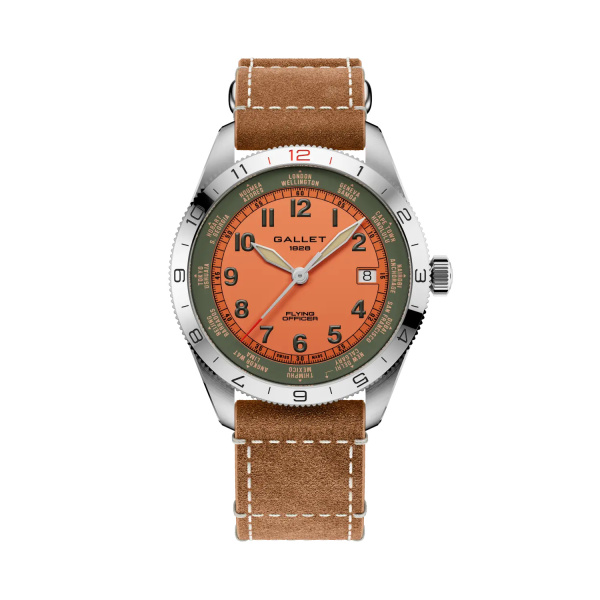 Montre Gallet Flying Officer Automatic 40 mm Cadran Orange Bracelet Cuir Beige