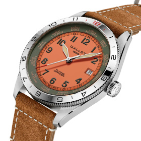 Montre Gallet Flying Officer Automatic 40 mm Cadran Orange Bracelet Cuir Beige