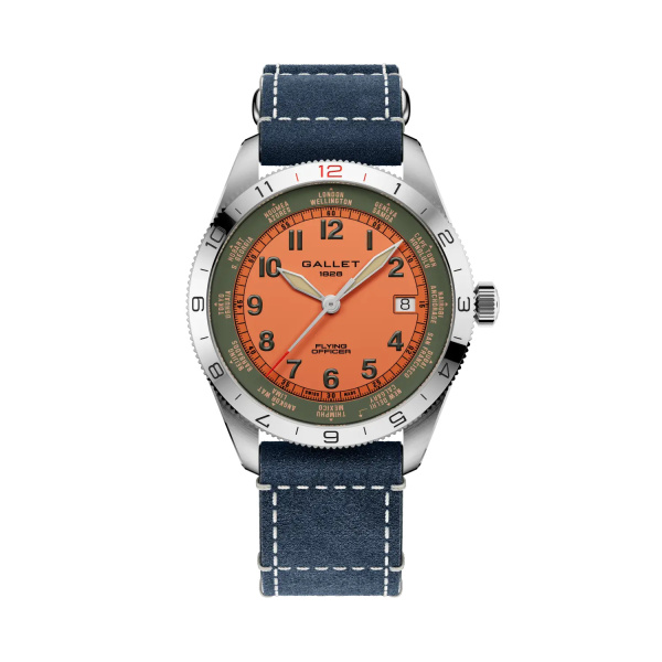 Montre Gallet Flying Officer Automatic 40 mm Cadran Orange Bracelet Cuir Bleu