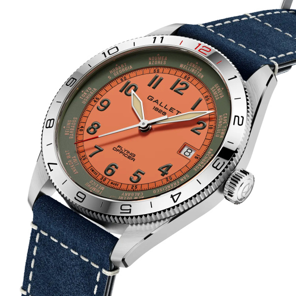 Montre Gallet Flying Officer Automatic 40 mm Cadran Orange Bracelet Cuir Bleu