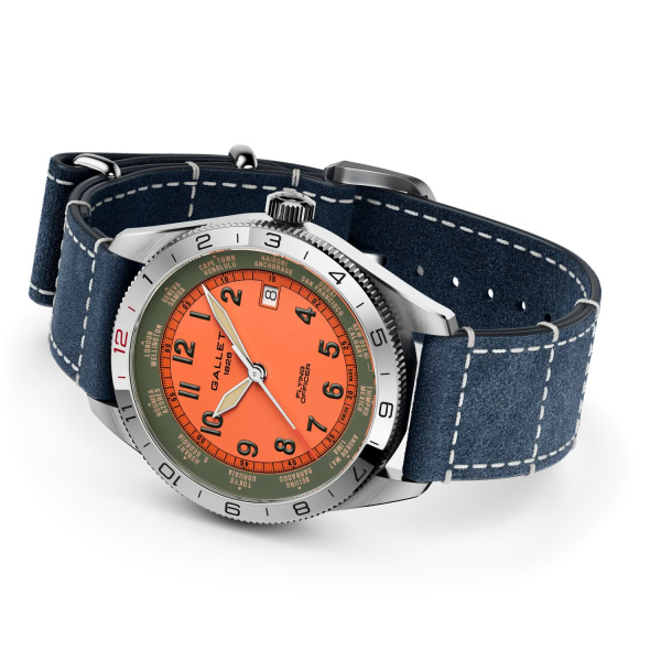 Montre Gallet Flying Officer Automatic 40 mm Cadran Orange Bracelet Cuir Bleu