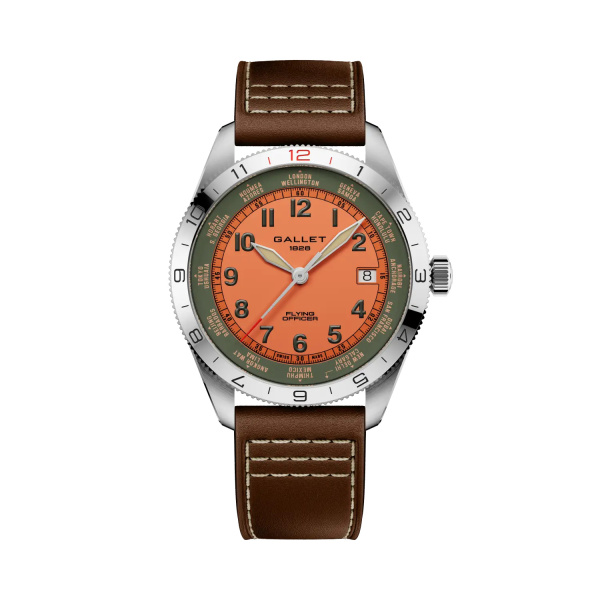 Montre Gallet Flying Officer Automatic 40 mm Cadran Orange Bracelet Cuir Brun