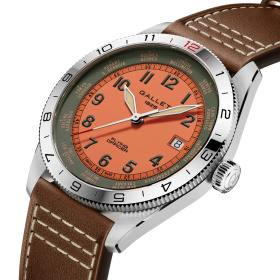 Montre Gallet Flying Officer Automatic 40 mm Cadran Orange Bracelet Cuir Brun