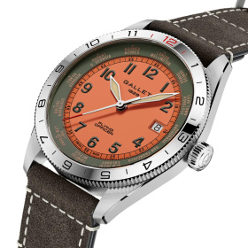 Montre Gallet Flying Officer Automatic 40 mm Cadran Orange Bracelet Cuir Gris