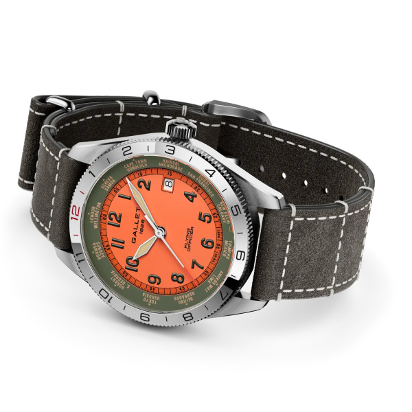 Montre Gallet Flying Officer Automatic 40 mm Cadran Orange Bracelet Cuir Gris