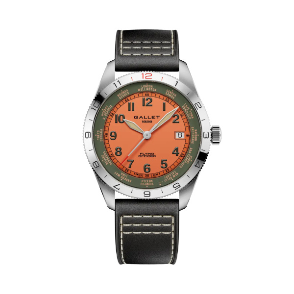 Montre Gallet Flying Officer Automatic 40 mm Cadran Orange Bracelet Cuir Noir