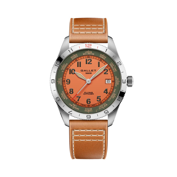 Montre Gallet Flying Officer Automatic 40 mm Cadran Orange Bracelet Cuir Orange