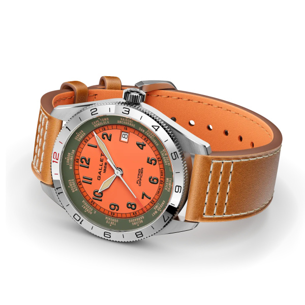 Montre Gallet Flying Officer Automatic 40 mm Cadran Orange Bracelet Cuir Orange