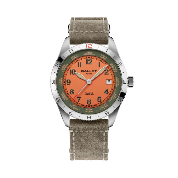 Montre Gallet Flying Officer Automatic 40 mm Cadran Orange Bracelet Cuir Vert
