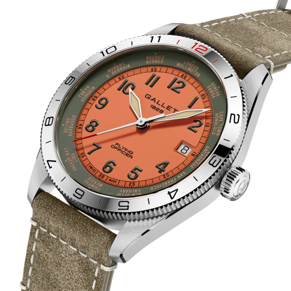 Montre Gallet Flying Officer Automatic 40 mm Cadran Orange Bracelet Cuir Vert