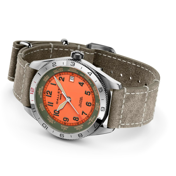 Montre Gallet Flying Officer Automatic 40 mm Cadran Orange Bracelet Cuir Vert