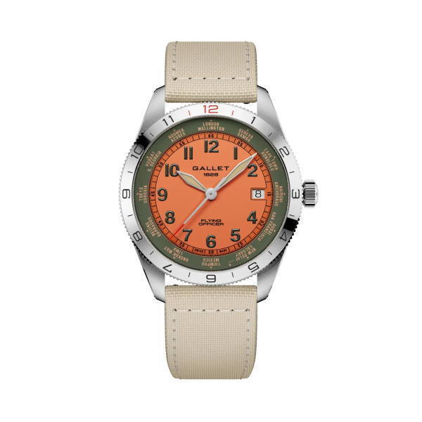 Montre Gallet Flying Officer Automatic 40 mm Cadran Orange Bracelet Textile Beige