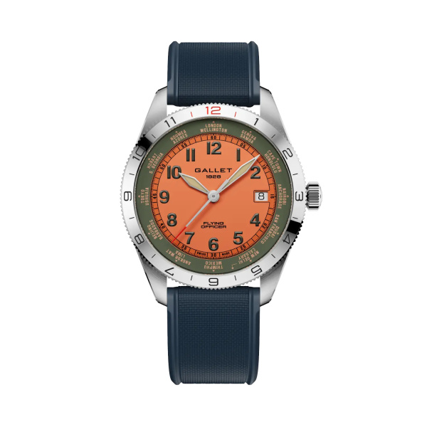 Montre Gallet Flying Officer Automatic 40 mm Cadran Orange Bracelet Caoutchouc Bleu