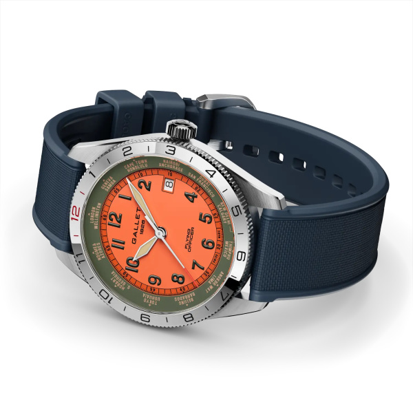 Montre Gallet Flying Officer Automatic 40 mm Cadran Orange Bracelet Caoutchouc Bleu