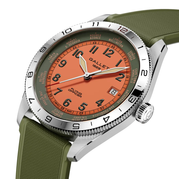 Montre Gallet Flying Officer Automatic 40 mm Cadran Orange Bracelet Caoutchouc Vert