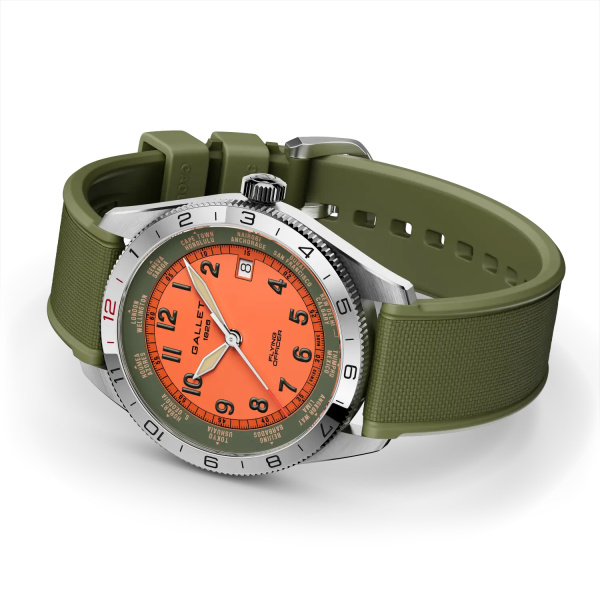 Montre Gallet Flying Officer Automatic 40 mm Cadran Orange Bracelet Caoutchouc Vert