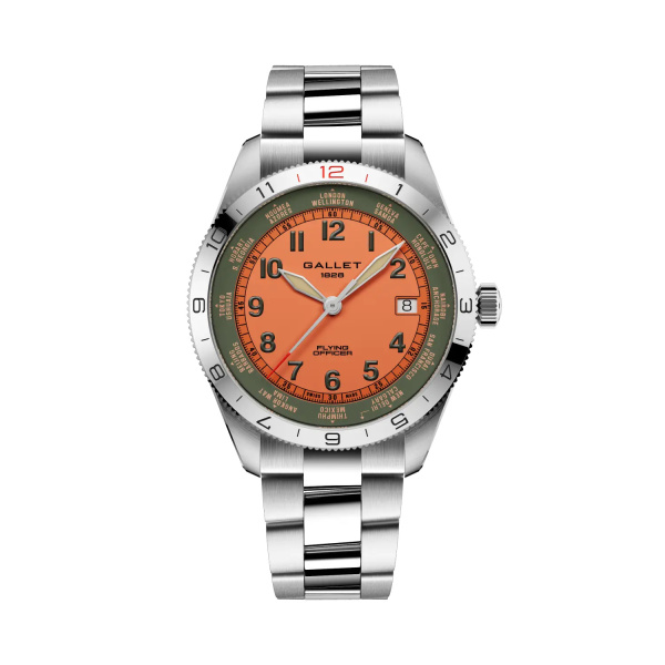 Montre Gallet Flying Officer Automatic 40 mm Cadran Orange Bracelet Acier