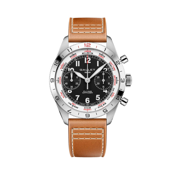 Montre Gallet Flying Officer Chronograph 40 mm Cadran Noir Bracelet Cuir Orange