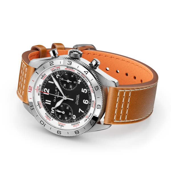 Montre Gallet Flying Officer Chronograph 40 mm Cadran Noir Bracelet Cuir Orange