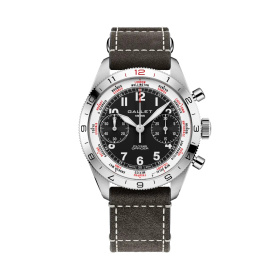 Montre Gallet Flying Officer Chronograph 40 mm Cadran Noir Bracelet Cuir Gris