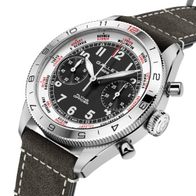 Montre Gallet Flying Officer Chronograph 40 mm Cadran Noir Bracelet Cuir Gris