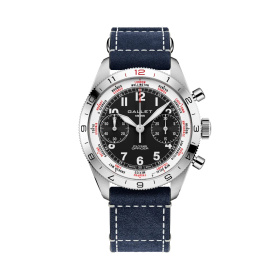 Montre Gallet Flying Officer Chronograph 40 mm Cadran Noir Bracelet Cuir Bleu