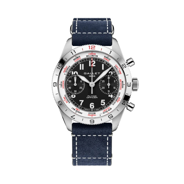 Montre Gallet Flying Officer Chronograph 40 mm Cadran Noir Bracelet Cuir Bleu