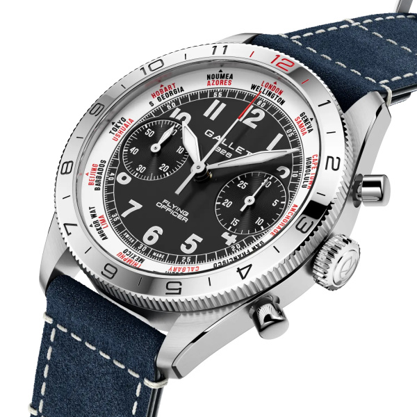 Montre Gallet Flying Officer Chronograph 40 mm Cadran Noir Bracelet Cuir Bleu