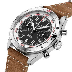 Montre Gallet Flying Officer Chronograph 40 mm Cadran Noir Bracelet Cuir Beige