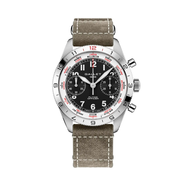 Montre Gallet Flying Officer Chronograph 40 mm Cadran Noir Bracelet Cuir Vert