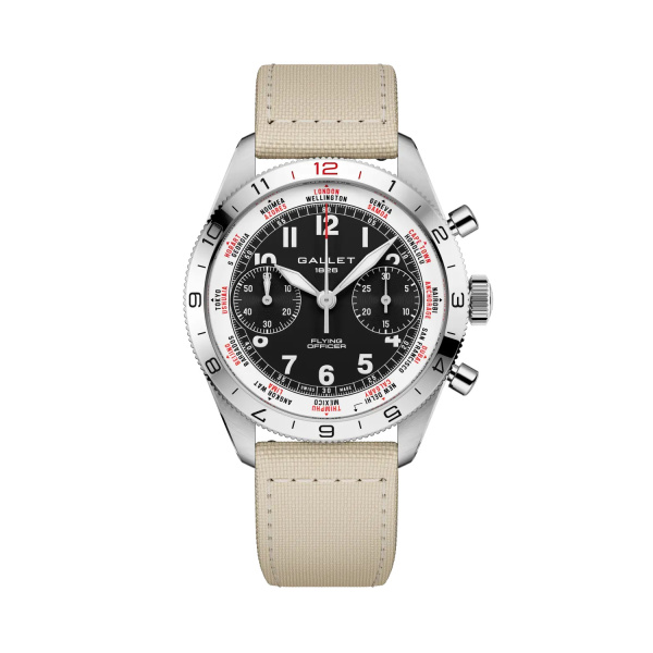 Montre Gallet Flying Officer Chronograph 40 mm Cadran Noir Bracelet Tissu Beige