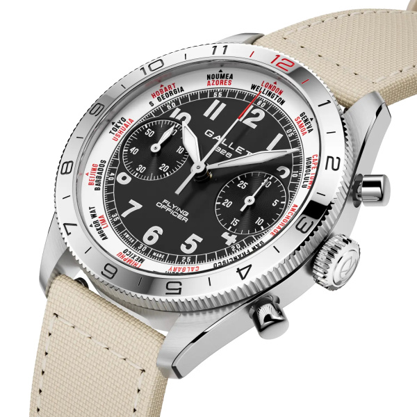 Montre Gallet Flying Officer Chronograph 40 mm Cadran Noir Bracelet Tissu Beige