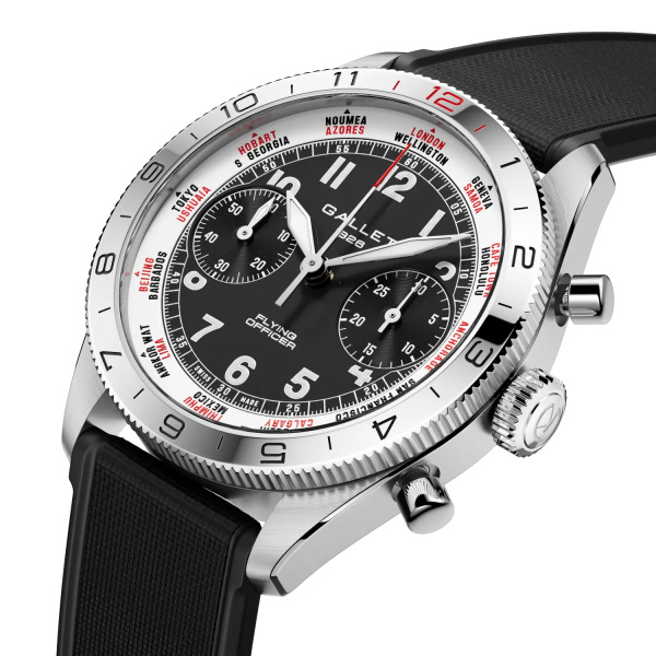Montre Gallet Flying Officer Chronograph 40 mm Cadran Noir Bracelet Caoutchouc Noir