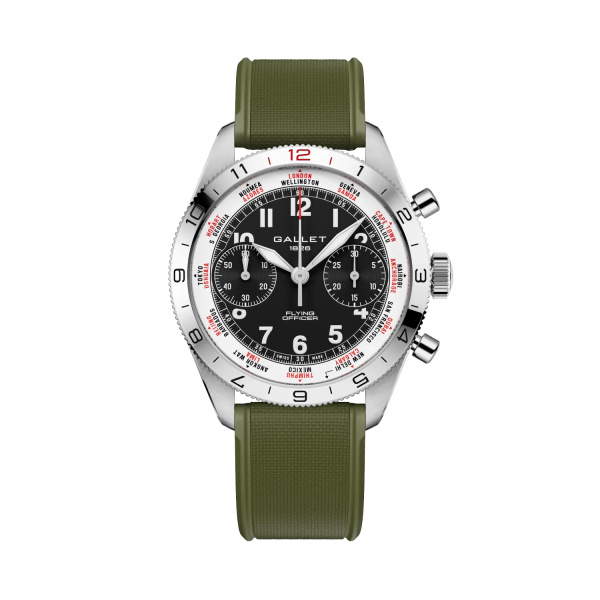 Montre Gallet Flying Officer Chronograph 40 mm Cadran Noir Bracelet Caoutchouc Vert