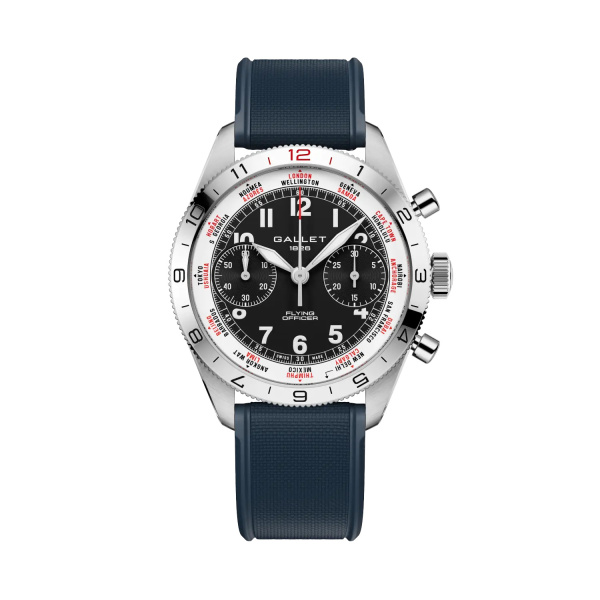 Montre Gallet Flying Officer Chronograph 40 mm Cadran Noir Bracelet Caoutchouc Bleu