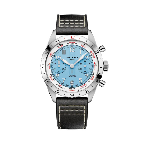Montre Gallet Flying Officer Chronograph 40 mm Cadran Bleu Ciel Bracelet Cuir Noir