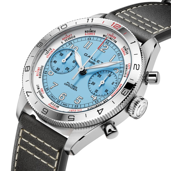Montre Gallet Flying Officer Chronograph 40 mm Cadran Bleu Ciel Bracelet Cuir Noir
