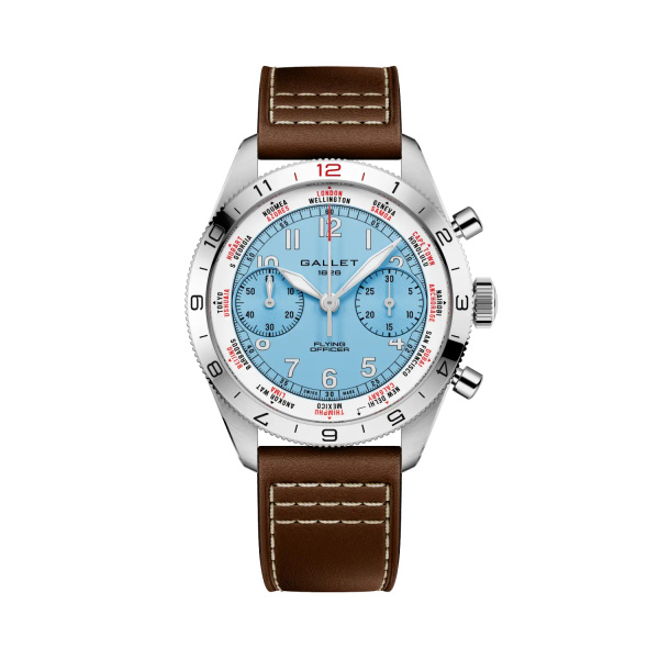 Montre Gallet Flying Officer Chronograph 40 mm Cadran Bleu Ciel Bracelet Cuir Brun