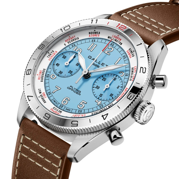 Montre Gallet Flying Officer Chronograph 40 mm Cadran Bleu Ciel Bracelet Cuir Brun