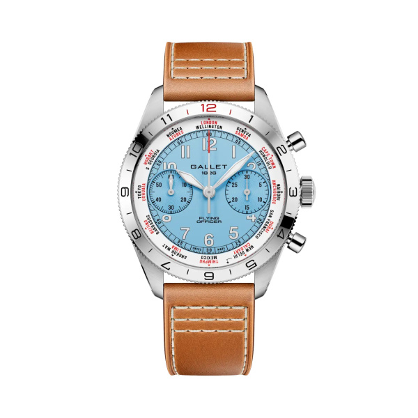Montre Gallet Flying Officer Chronograph 40 mm Cadran Bleu Ciel Bracelet Cuir Orange