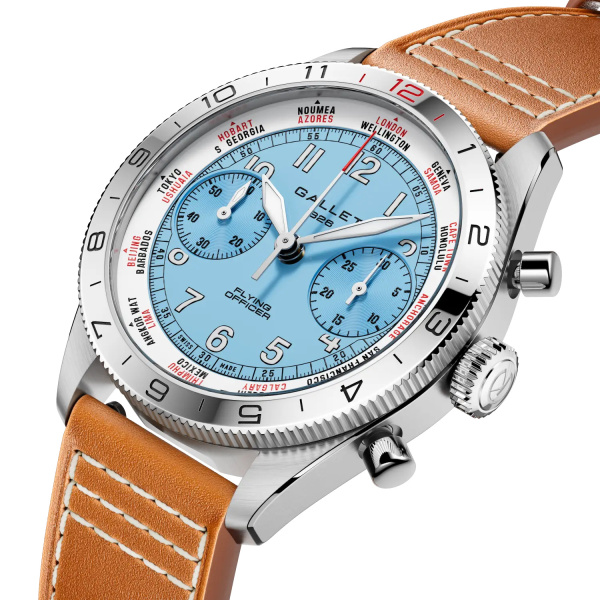 Montre Gallet Flying Officer Chronograph 40 mm Cadran Bleu Ciel Bracelet Cuir Orange