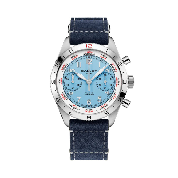 Montre Gallet Flying Officer Chronograph 40 mm Cadran Bleu Ciel Bracelet Cuir Bleu