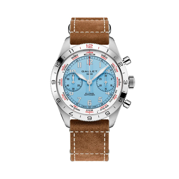 Montre Gallet Flying Officer Chronograph 40 mm Cadran Bleu Ciel Bracelet Cuir Beige