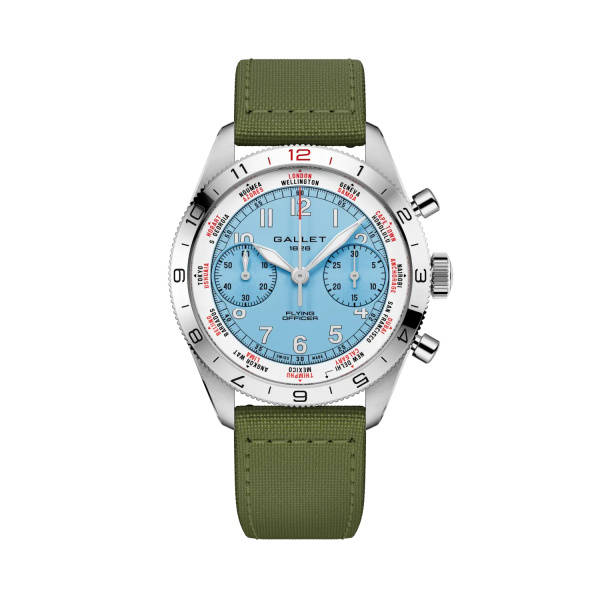 Montre Gallet Flying Officer Chronograph 40 mm Cadran Bleu Ciel Bracelet Tissu Vert