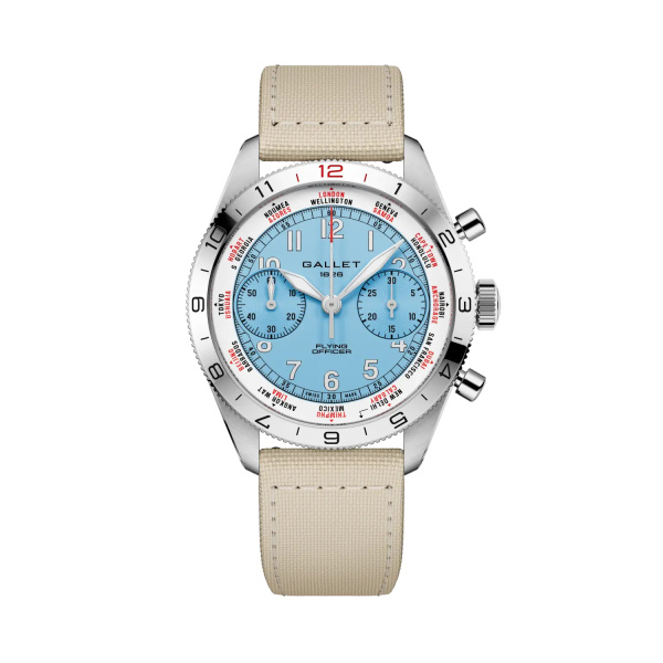Montre Gallet Flying Officer Chronograph 40 mm Cadran Bleu Ciel Bracelet Tissu Beige
