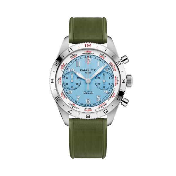 Montre Gallet Flying Officer Chronograph 40 mm Cadran Bleu Ciel Bracelet Caoutchouc Vert