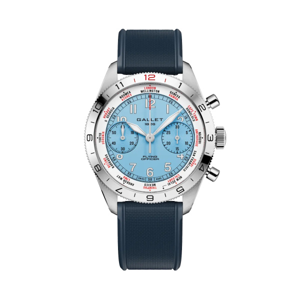 Montre Gallet Flying Officer Chronograph 40 mm Cadran Bleu Ciel Bracelet Caoutchouc Bleu