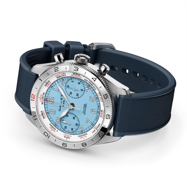 Montre Gallet Flying Officer Chronograph 40 mm Cadran Bleu Ciel Bracelet Caoutchouc Bleu